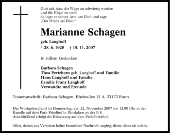 Traueranzeige von Marianne Schagen von Tageszeitung