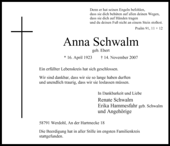 Traueranzeige von Anna Schwalm von Tageszeitung