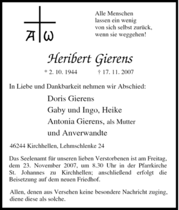 Traueranzeige von Heribert Gierens von Tageszeitung