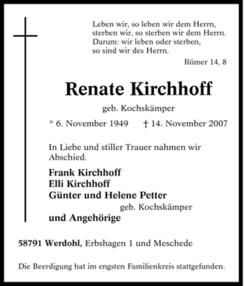 Traueranzeige von Renate Kirchhoff von Tageszeitung