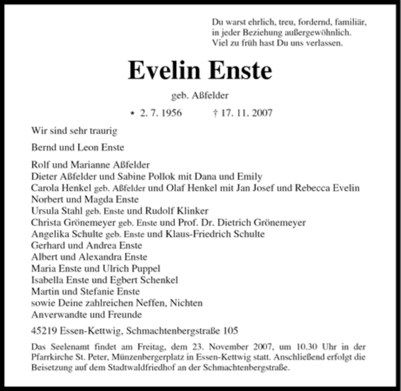  Traueranzeige für Evelin Enste vom 21.11.2007 aus Tageszeitung