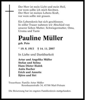 Traueranzeige von Pauline Müller von Tageszeitung