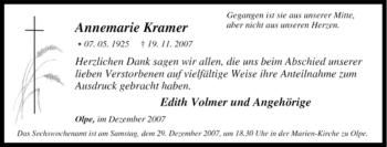 Traueranzeige von Annemarie Kramer von Tageszeitung