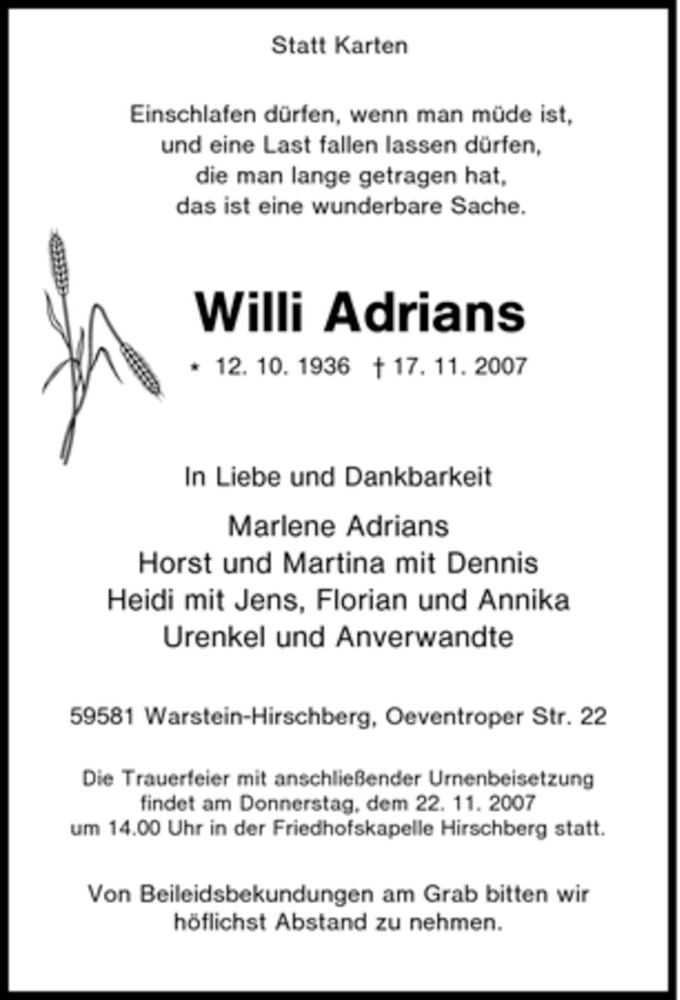  Traueranzeige für Willi Adrians vom 21.11.2007 aus Tageszeitung