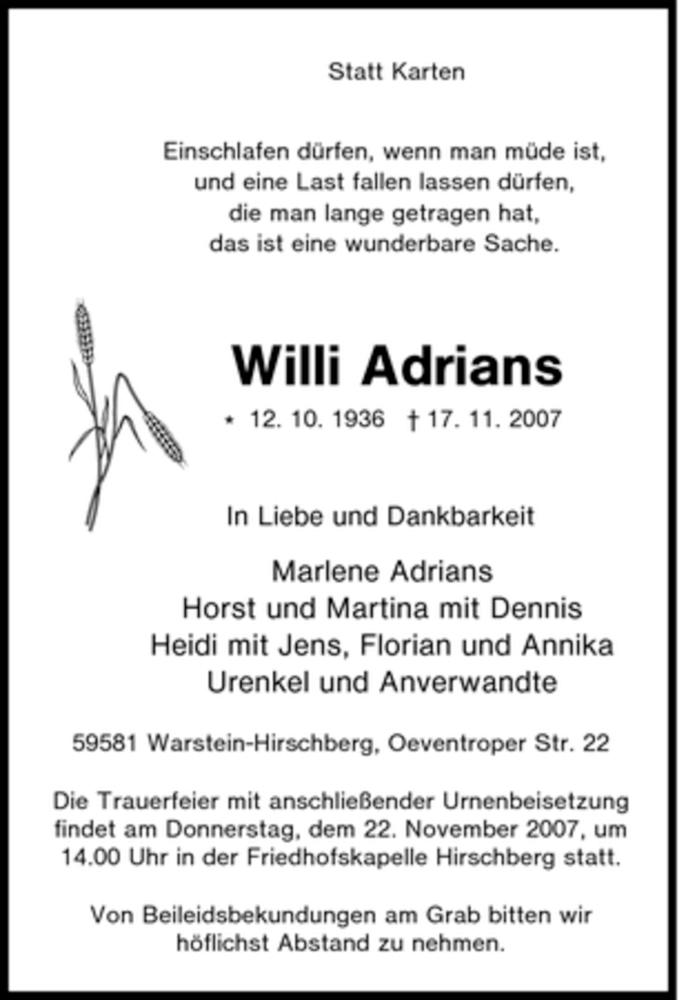  Traueranzeige für Willi Adrians vom 21.11.2007 aus Tageszeitung
