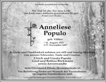 Traueranzeige von Anneliese Populo von Tageszeitung