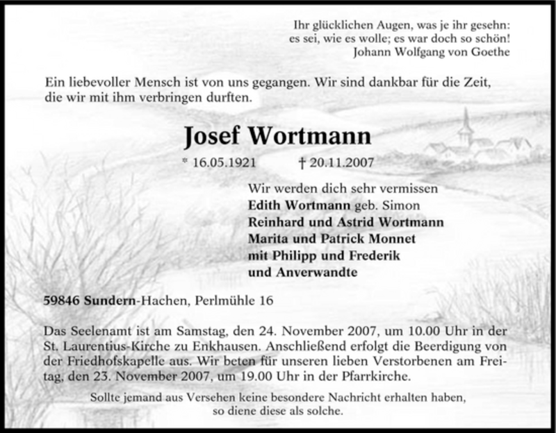  Traueranzeige für Josef Wortmann vom 21.11.2007 aus Tageszeitung