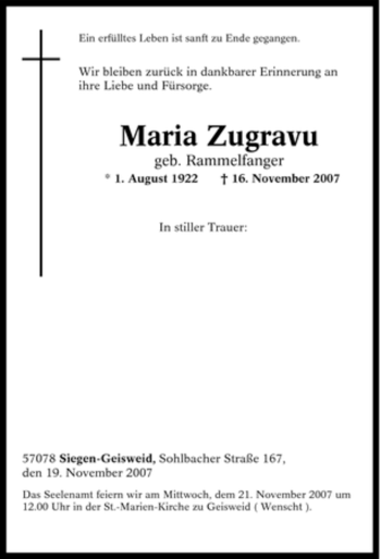Traueranzeige von Maria Zugravu von Tageszeitung