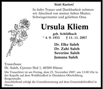 Traueranzeige von Ursula Kliem von Tageszeitung