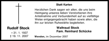 Traueranzeige von Rudolf Stock von Tageszeitung