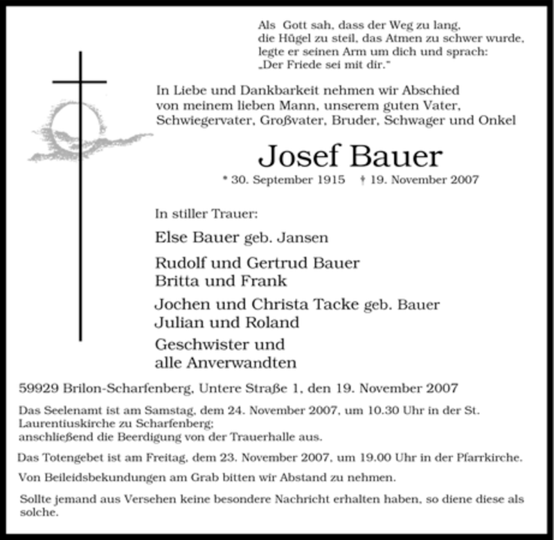  Traueranzeige für Josef Bauer vom 21.11.2007 aus Tageszeitung