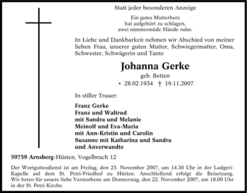 Traueranzeige von Johanna Gerke von Tageszeitung