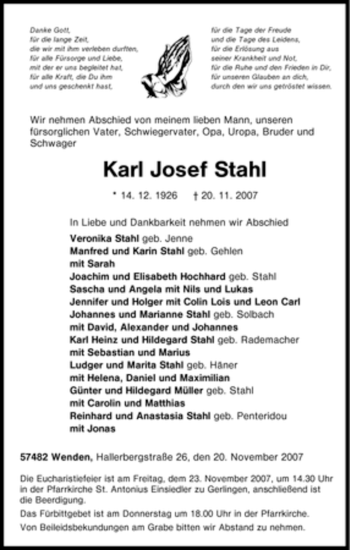 Traueranzeige von Karl Josef Stahl von Tageszeitung
