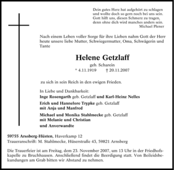 Traueranzeige von Helene Getzlaff von Tageszeitung