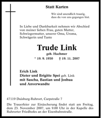 Traueranzeige von Trude Link von Tageszeitung