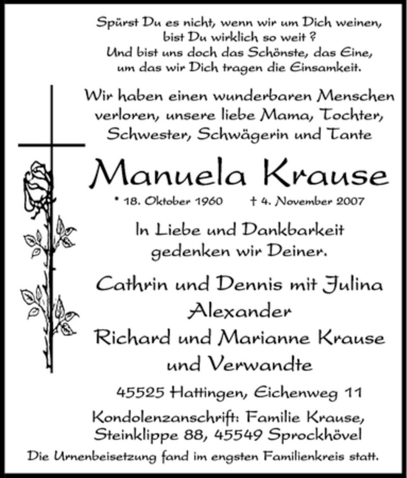  Traueranzeige für Manuela Krause vom 21.11.2007 aus Tageszeitung