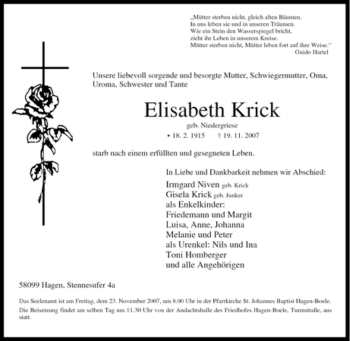 Traueranzeige von Elisabeth Krick von Tageszeitung