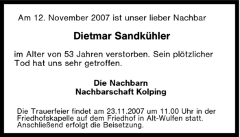 Traueranzeige von Dietmar Sandkühler von Tageszeitung