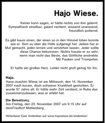 Traueranzeige von Hajo Wiese von Tageszeitung