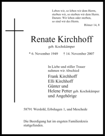 Traueranzeige von Renate Kirchhoff von Tageszeitung