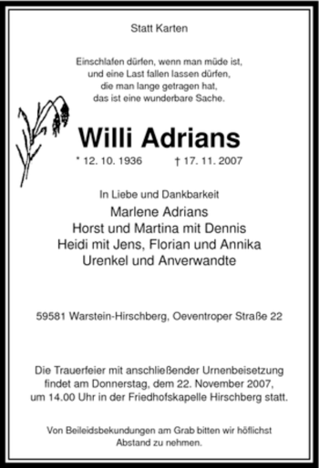 Traueranzeige von Willi Adrians von Tageszeitung