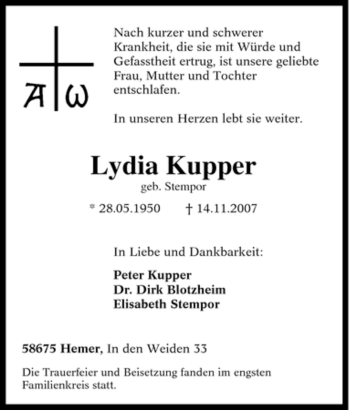 Traueranzeige von Lydia Kupper von Tageszeitung