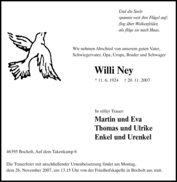 Traueranzeige von Willi Ney von Tageszeitung