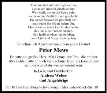 Traueranzeige von Peter Mews von Tageszeitung