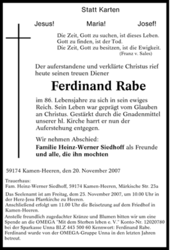 Traueranzeige von Ferdinand Rabe von Tageszeitung