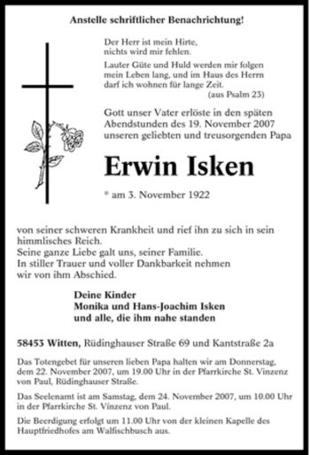 Traueranzeige von Erwin Isken von Tageszeitung