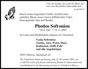 Traueranzeige von Photios Sofroniou von Tageszeitung
