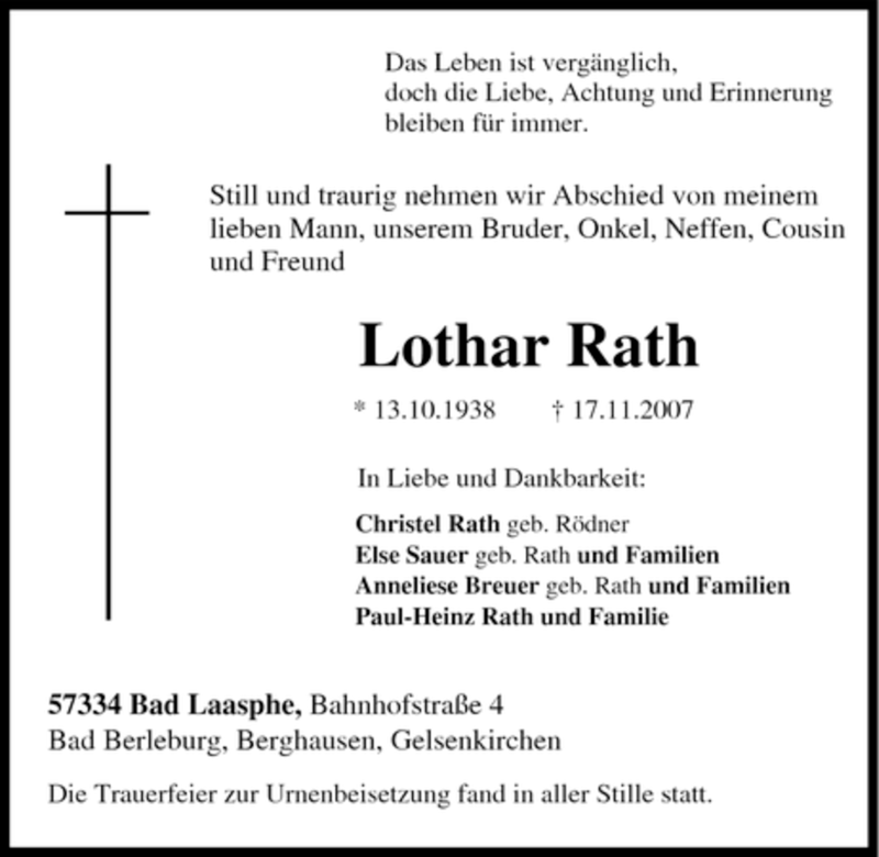 Traueranzeigen von Lothar Rath | Trauer-in-NRW.de