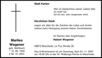 Traueranzeige von Marlies Wegener von Tageszeitung