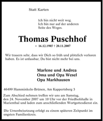 Traueranzeige von Thomas Puschhof von Tageszeitung