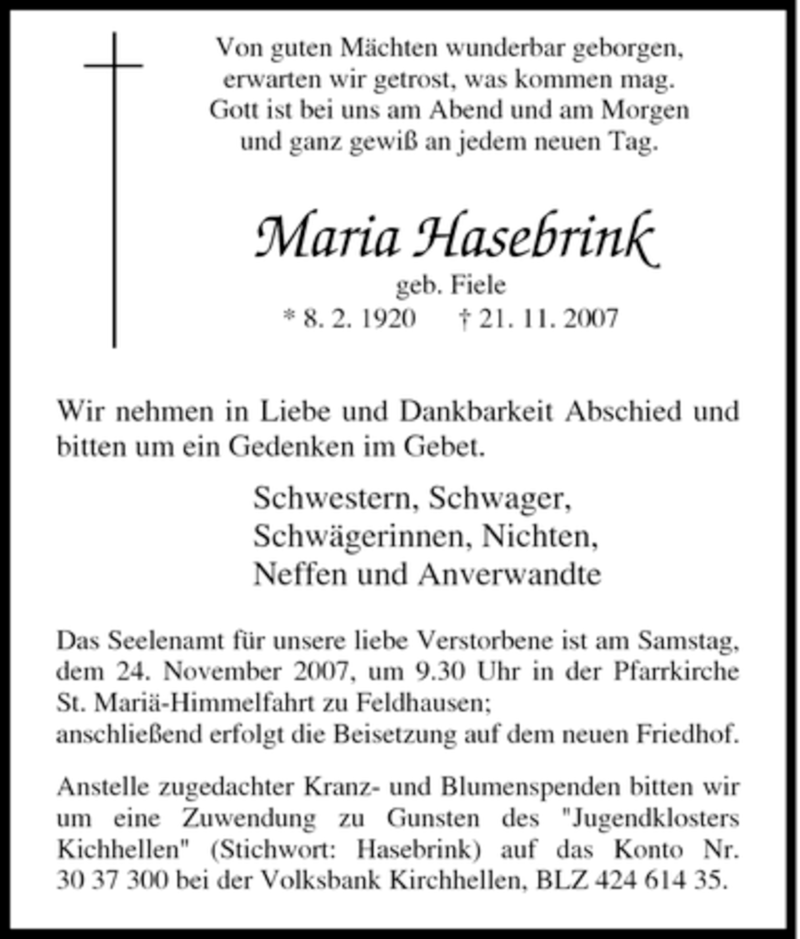  Traueranzeige für Maria Hasebrink vom 22.11.2007 aus Tageszeitung