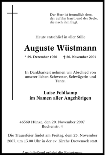 Traueranzeige von Auguste Wüstmann von Tageszeitung