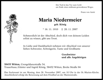 Traueranzeige von Maria Niedermeier von Tageszeitung