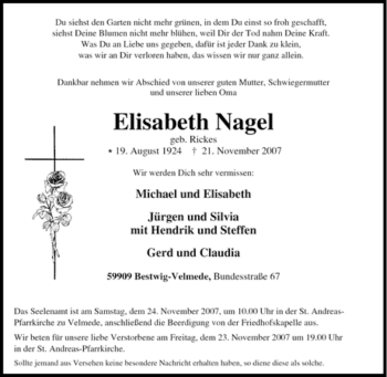 Traueranzeige von Elisabeth Nagel von Tageszeitung