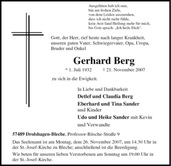 Traueranzeige von Gerhard Berg von Tageszeitung