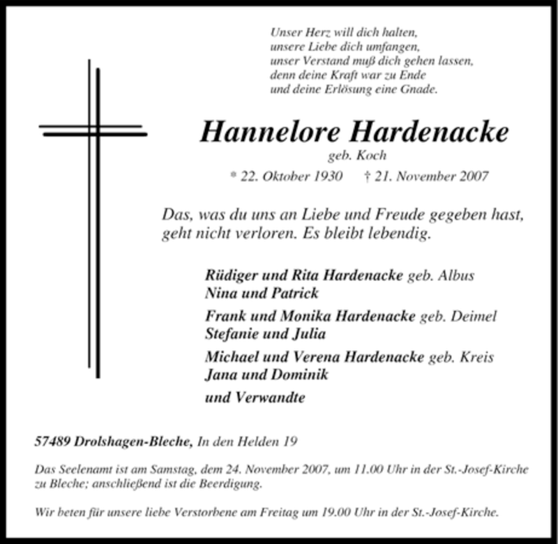  Traueranzeige für Hannelore Hardenacke vom 22.11.2007 aus Tageszeitung