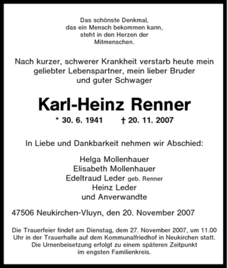  Traueranzeige für Karl-Heinz Renner vom 22.11.2007 aus Tageszeitung