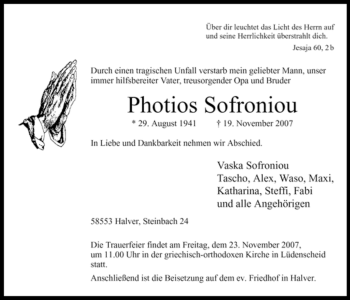 Traueranzeige von Photios Sofroniou von Tageszeitung