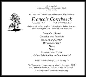 Traueranzeige von Francois Cortebeeck von Tageszeitung