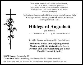 Traueranzeige von Hildegard Angrabeit von Tageszeitung