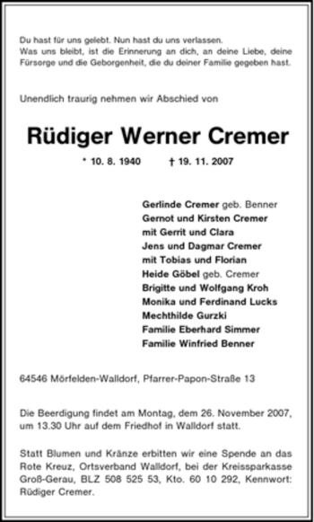 Traueranzeige von Rüdiger Werner Cremer von Tageszeitung