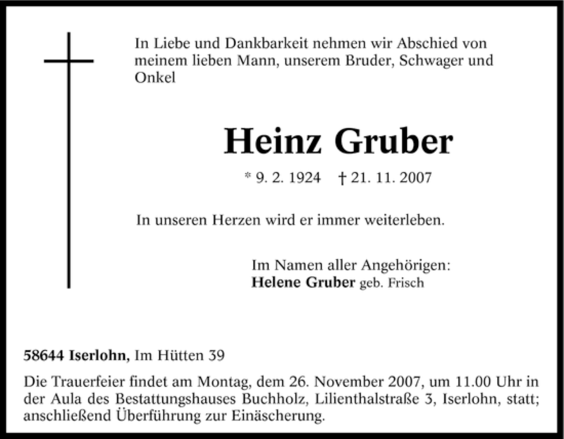  Traueranzeige für Heinz Gruber vom 23.11.2007 aus Tageszeitung