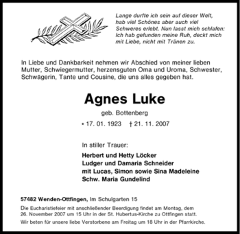 Traueranzeige von Agnes Luke von Tageszeitung