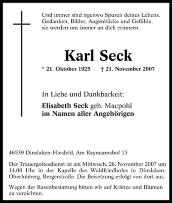 Traueranzeige von Karl Seck von Tageszeitung
