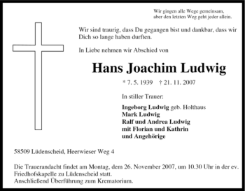 Traueranzeige von Hans Joachim Ludwig von Tageszeitung