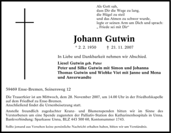 Traueranzeige von Johann Gutwin von Tageszeitung